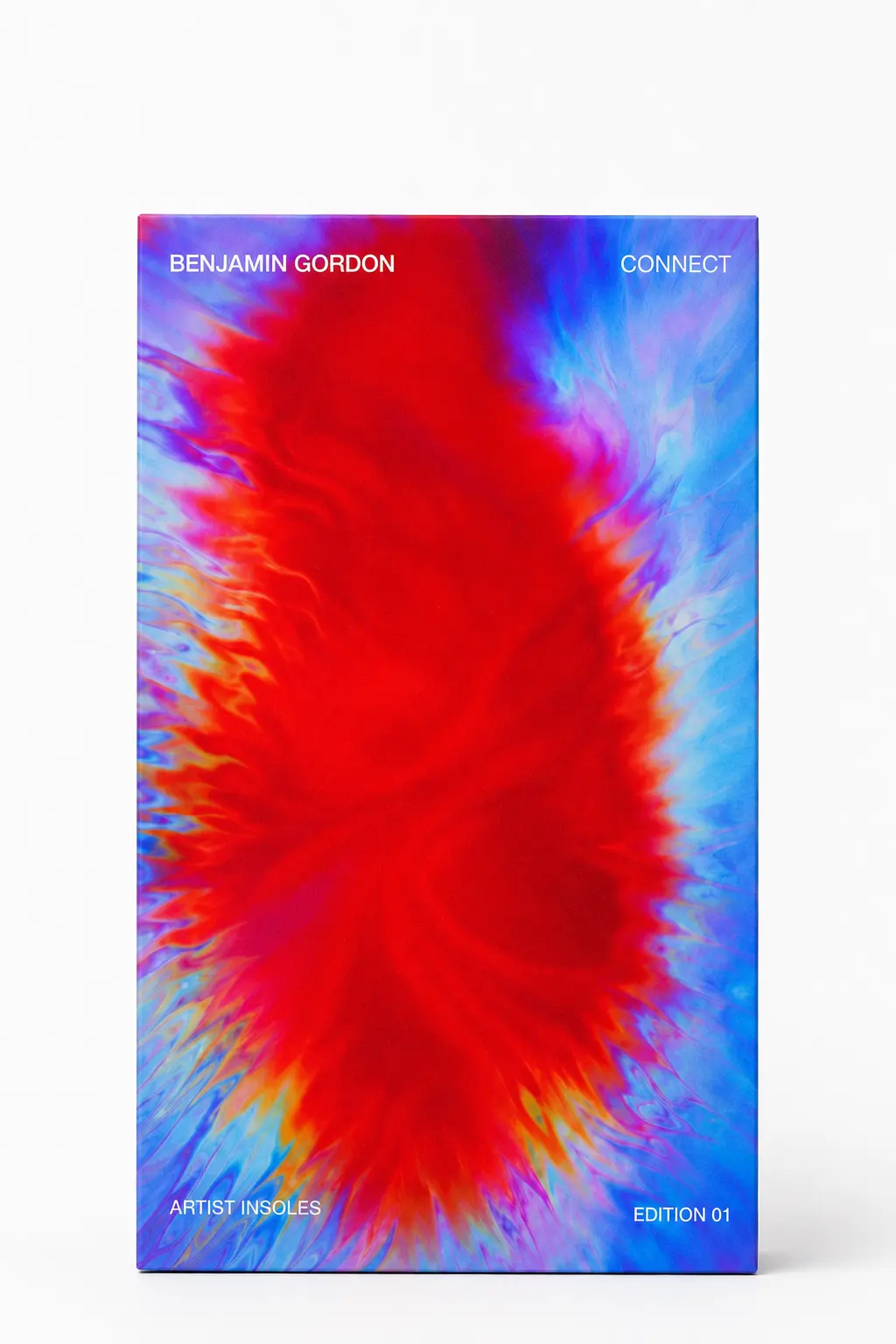 Front of the Benjamin Gordon CONNECT Artist Insoles package, printed edge to edge with red, magenta and blue fluid artwork.
